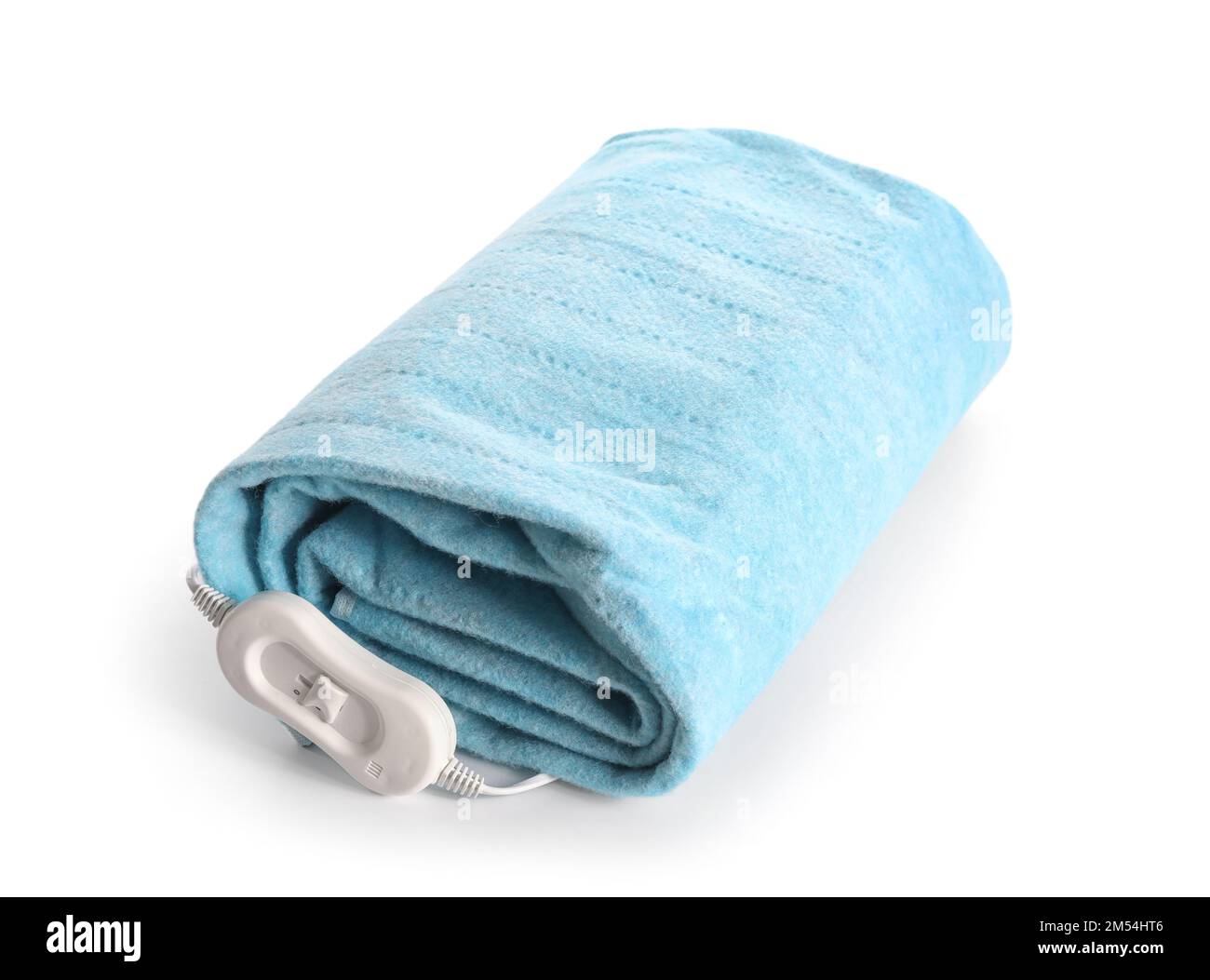 Folded electric heating pad with controller on white background Stock Photo