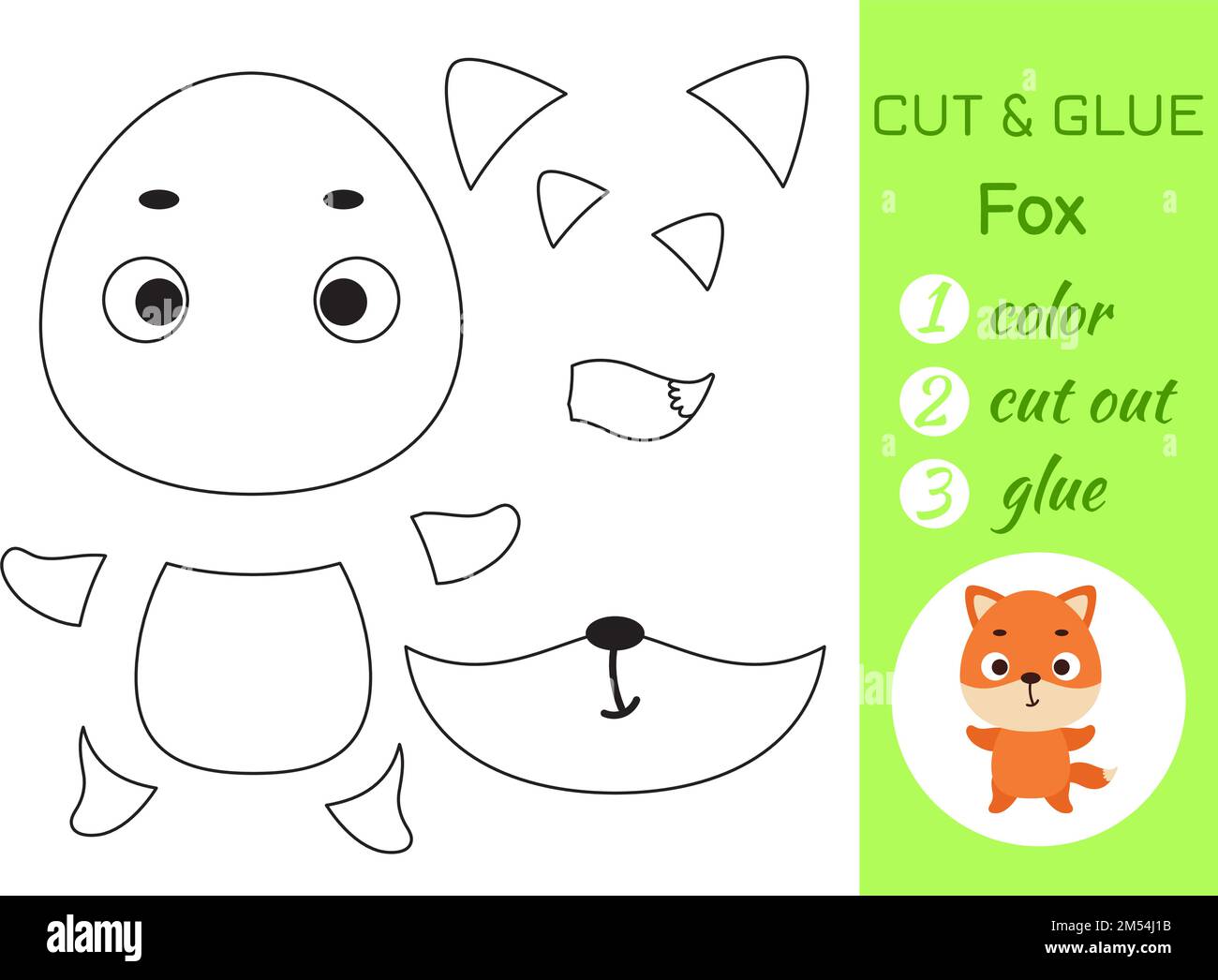 Color, cut and glue paper little fox. Cut and paste crafts activity page. Educational game for preschool children. DIY worksheet. Kids logic game Stock Vector