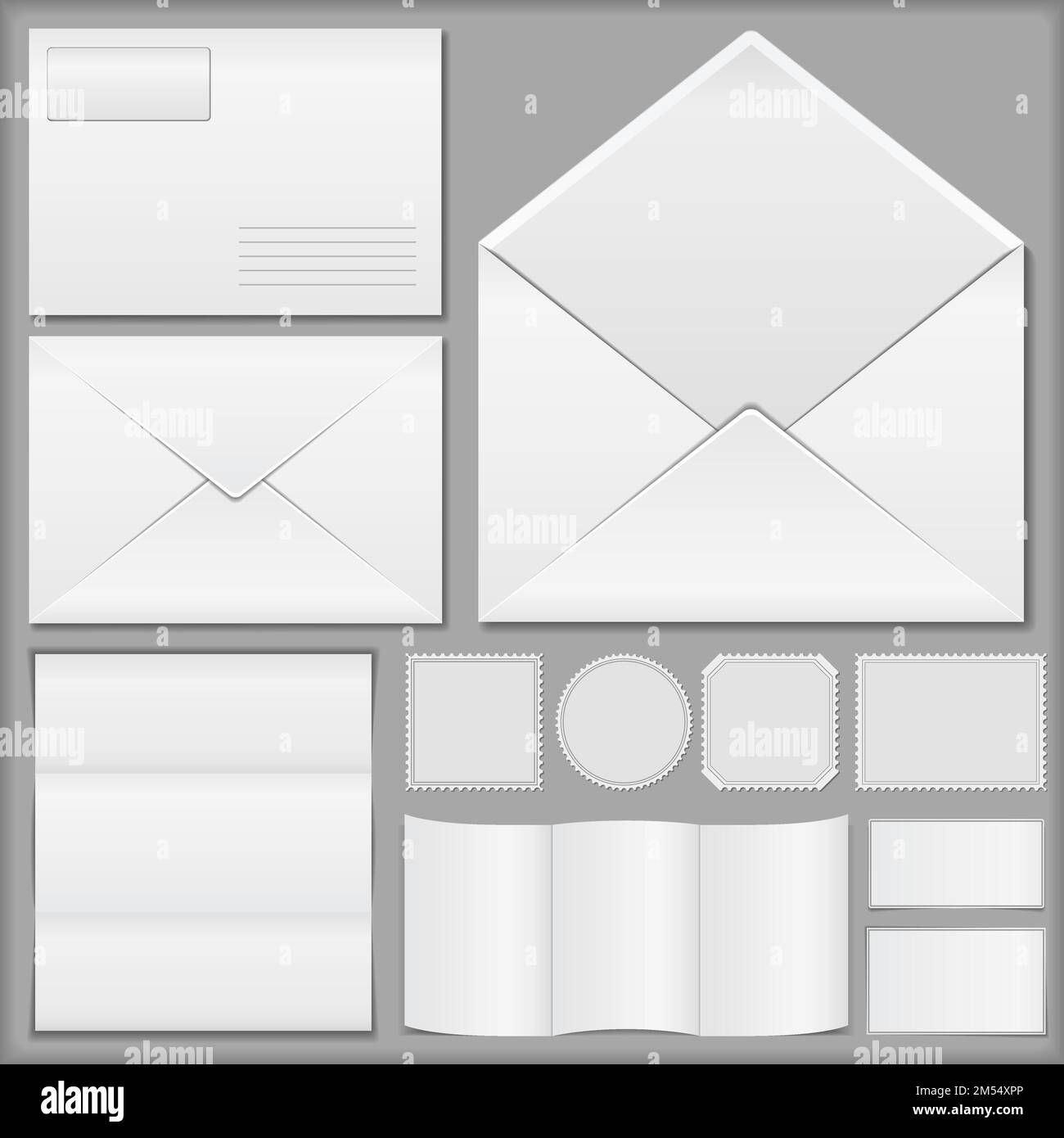 Envelopes, paper and postage stamps, vector eps10 illustration Stock