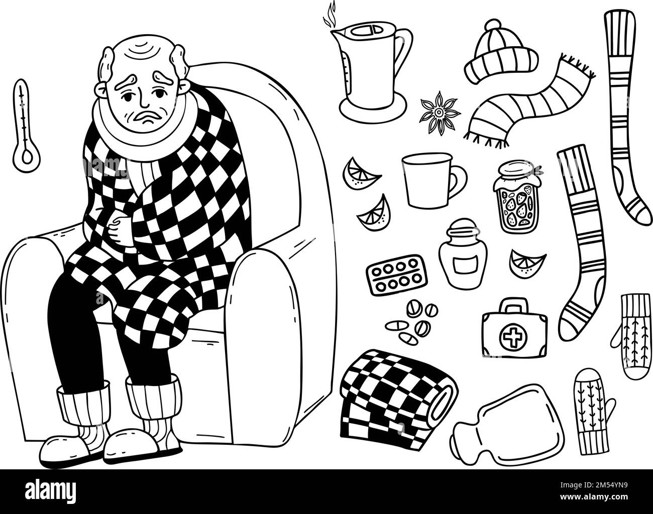 Collection doodles sickness and cold. Sick old pensioner, wrapped in blanket, sits in chair. Nearby are pills, heating pad, warm socks, scarf, jam and Stock Vector