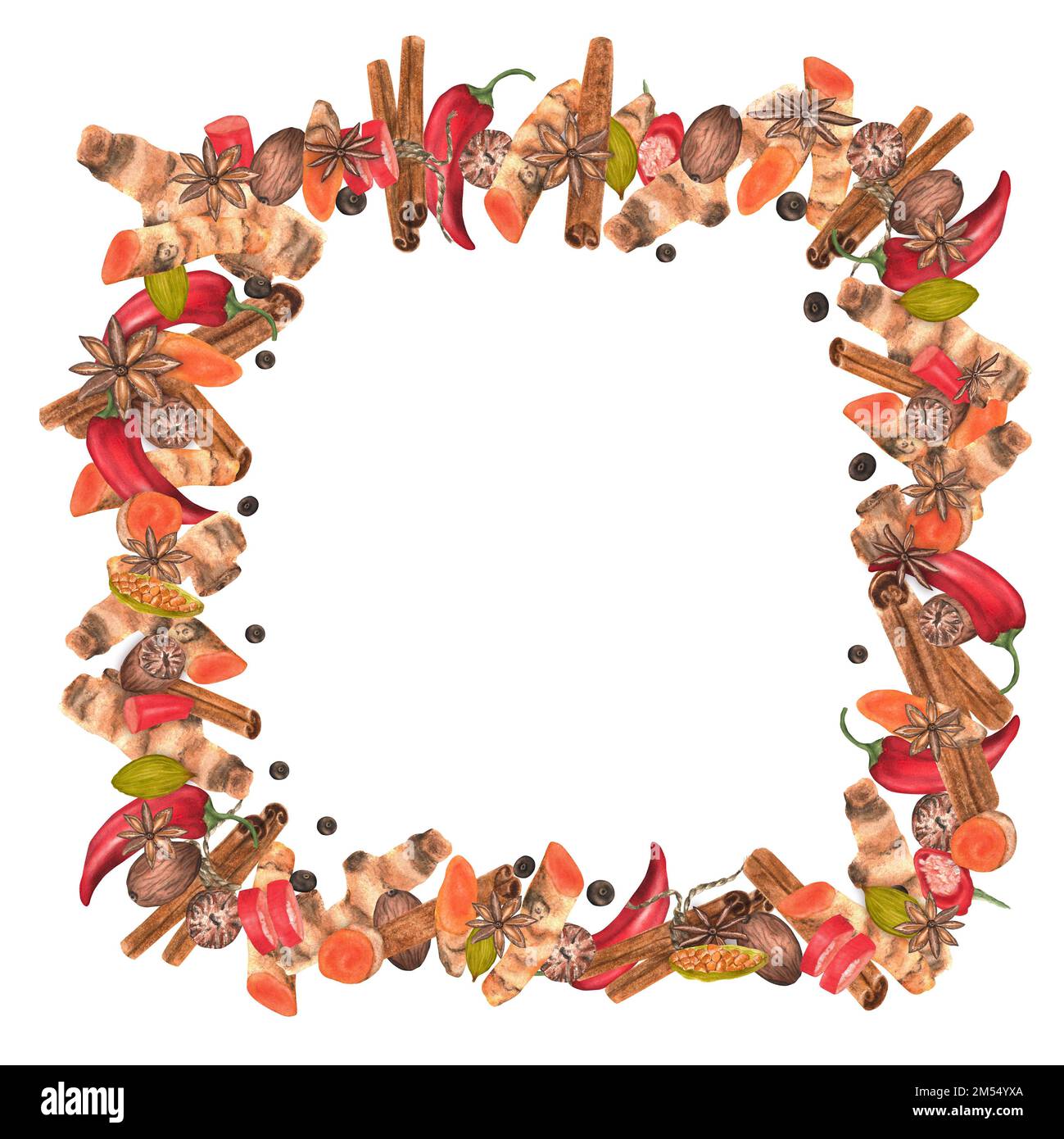 Handdrawn watercolor frame with spices turmeric, cinnamon, nutmeg