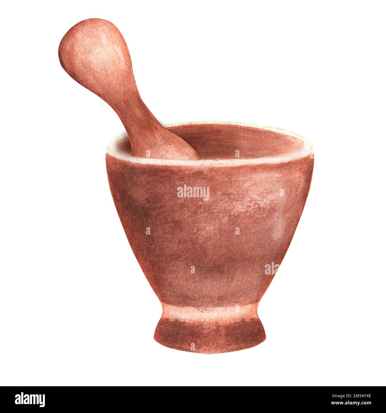 Handdrawn watercolor terracotta mortar and pestle. This is a part of