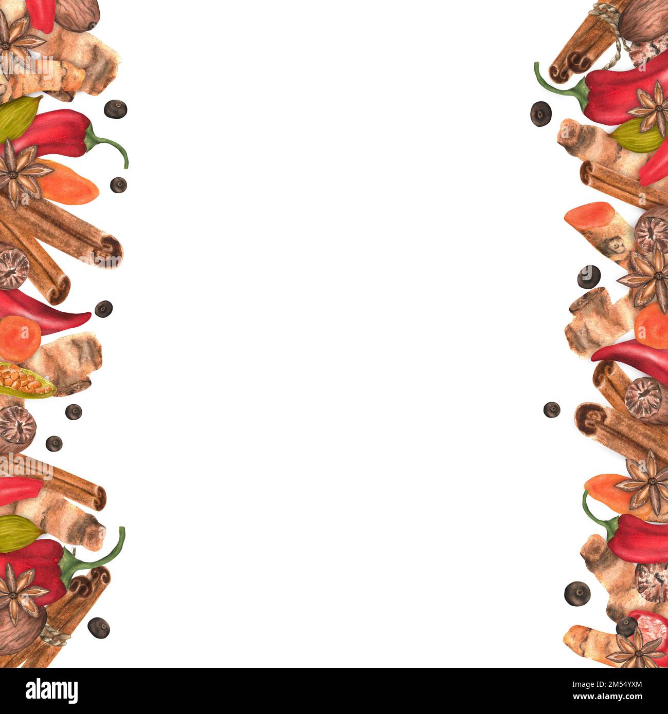 Handdrawn watercolor side borders with spices turmeric, cinnamon