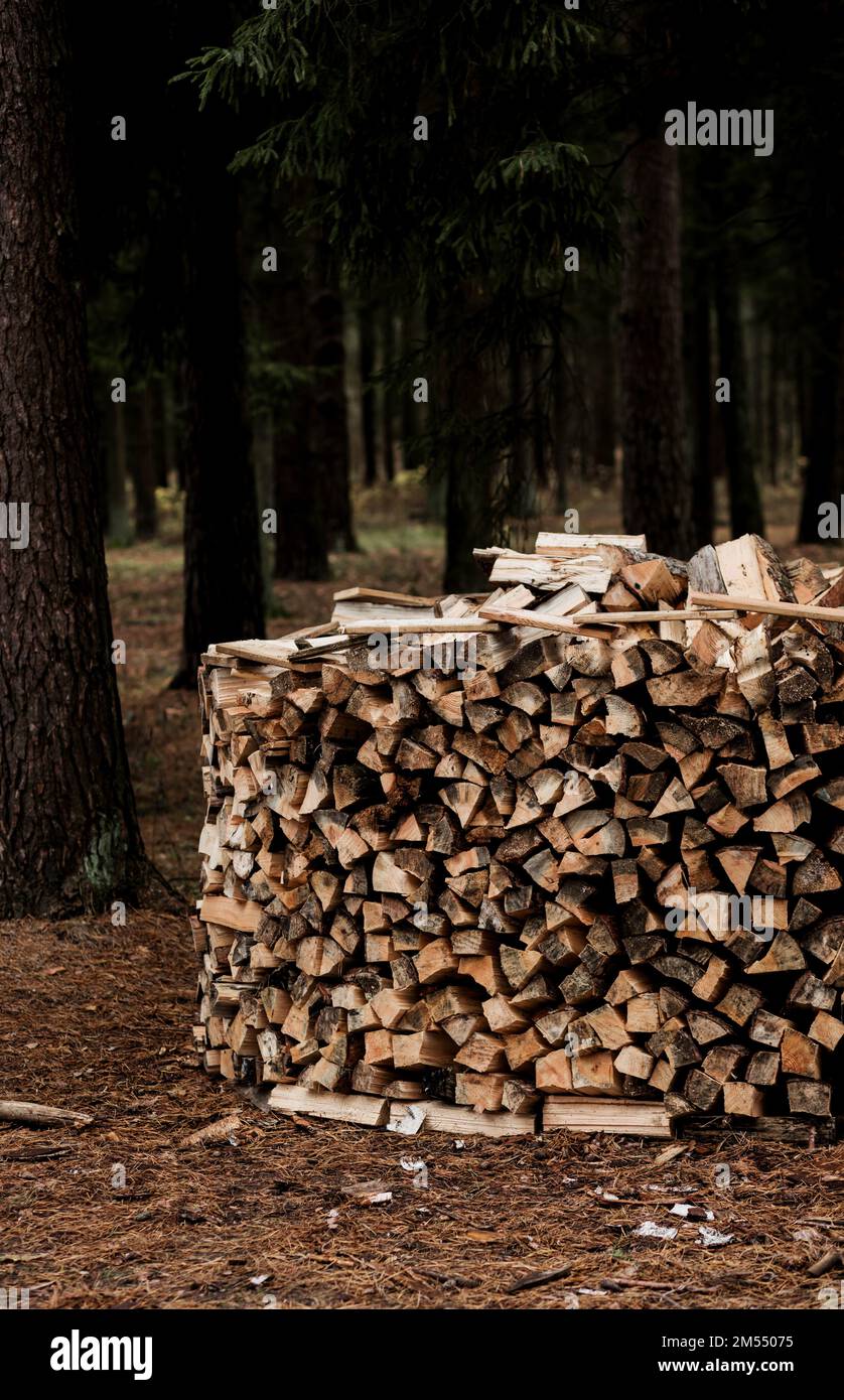 Firewood pile to be used as fuel for heating in fireplaces and furnaces