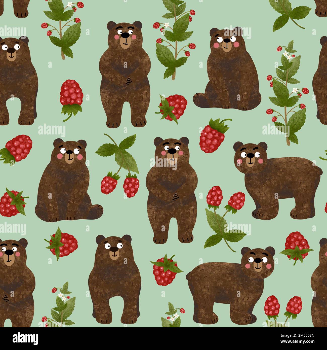 Seamless pattern with Isolated cute textured teddy bears and raspberry ...