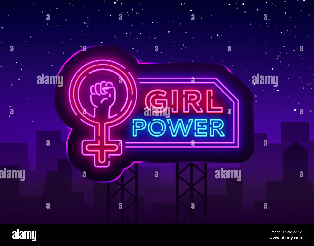 Girls Power neon sign. Fashionable slogan feminist slogan, neon style