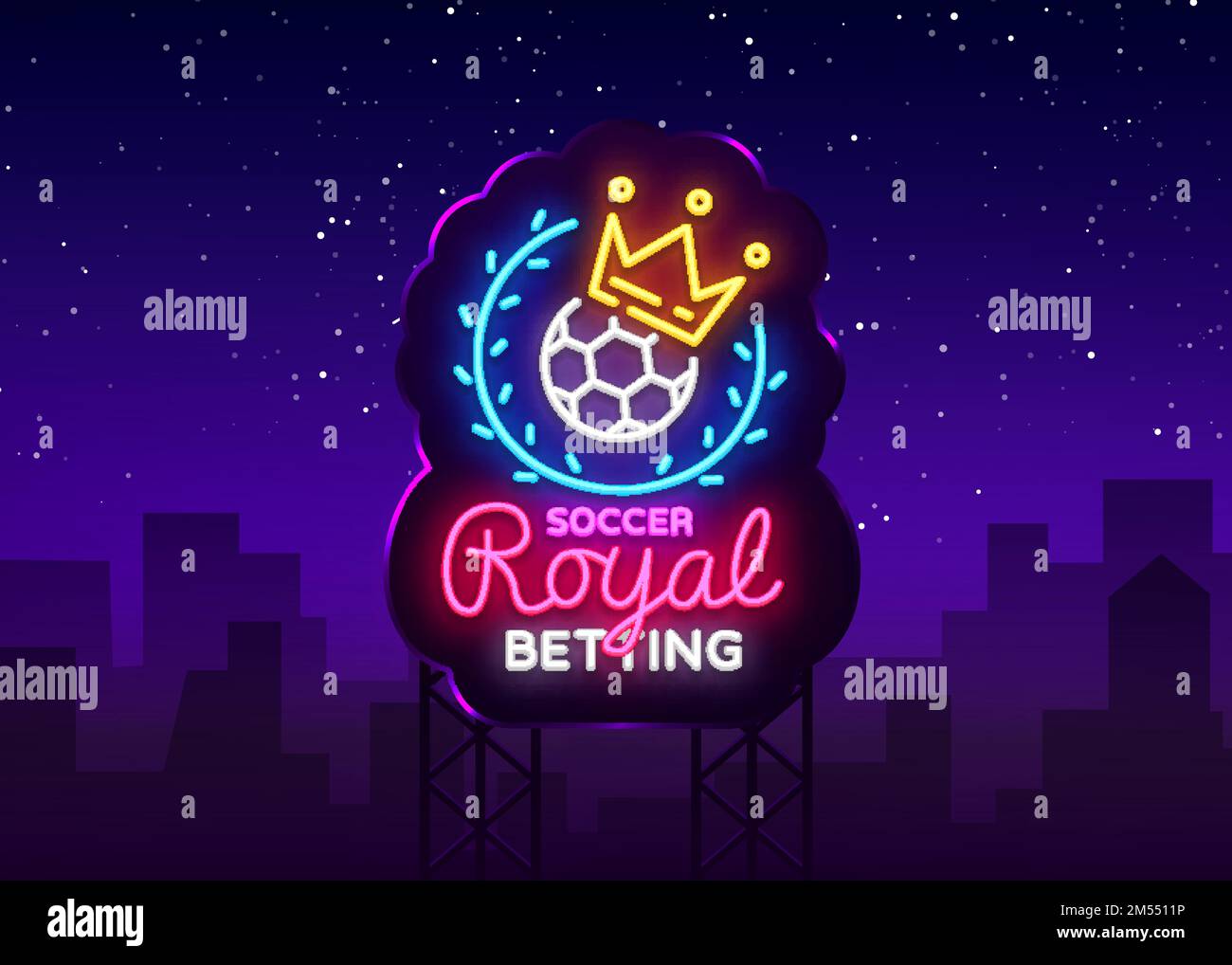 Betting Soccer neon sign. Football betting logo in neon style, Royal