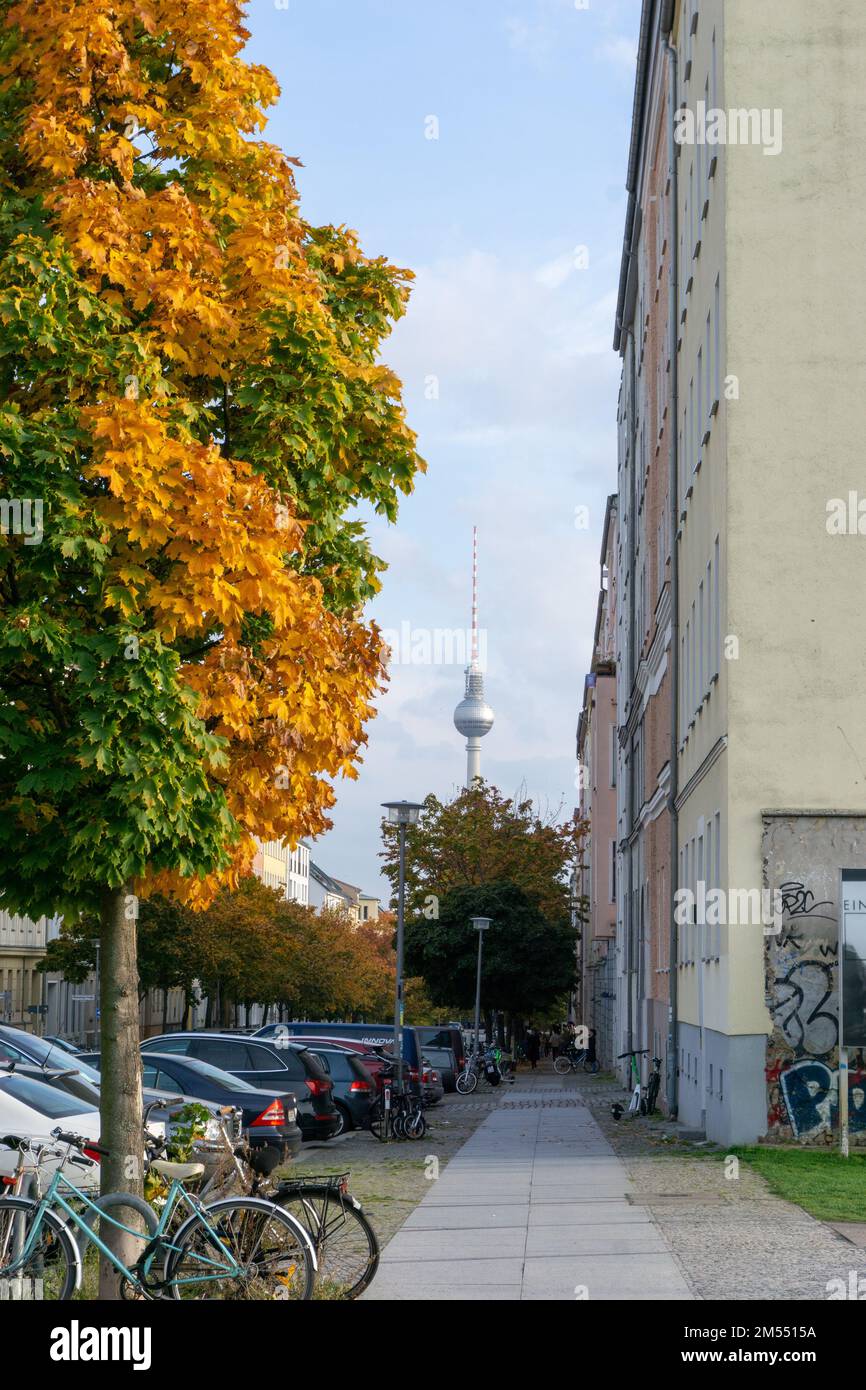 Berlin television tower in the capital of Germany. The magnificent architecture stands on alexanderplatz, is known throughout europe, Autumn in Berlin Stock Photo