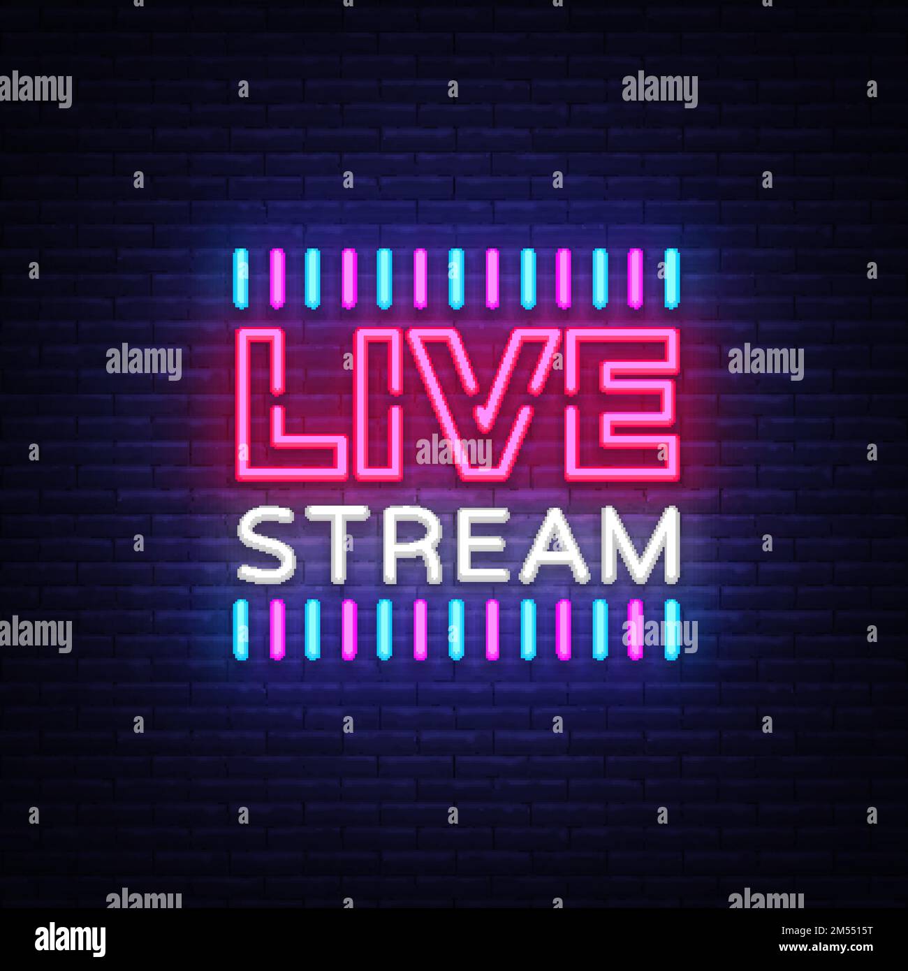 Neon sign live stream design element. Light banner, neon signboard for