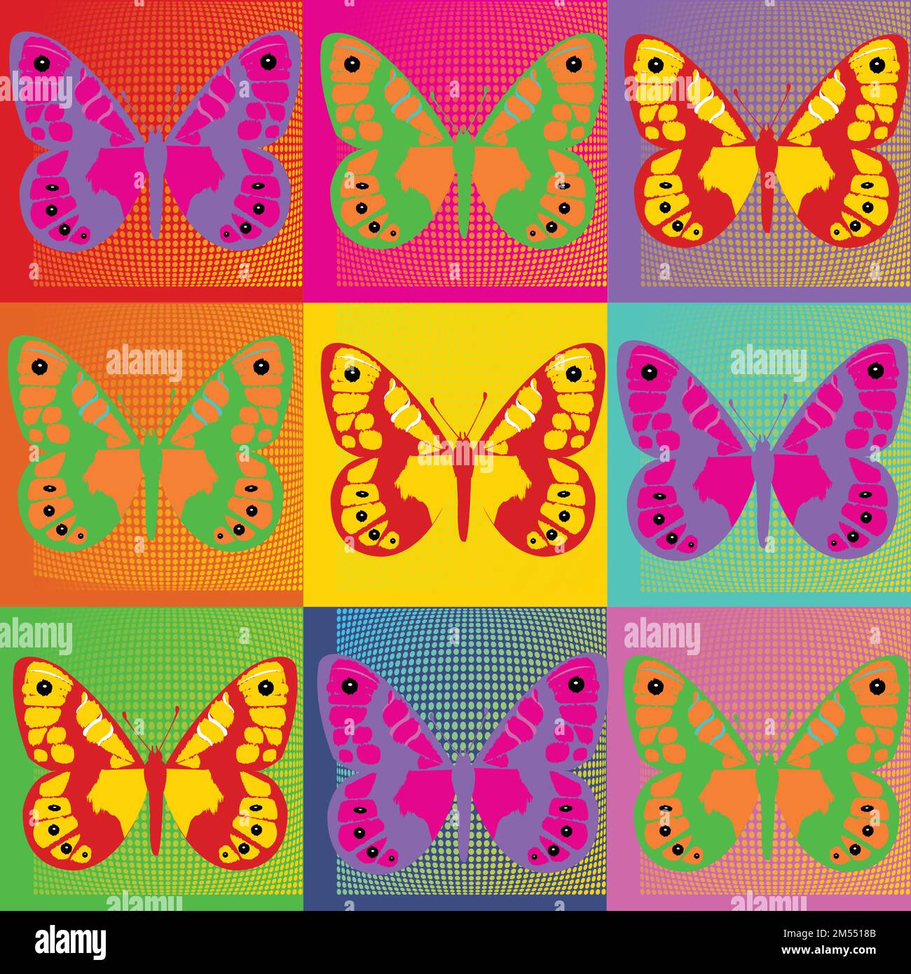 Pop Art Andy Warhol background illustration with colorful butterflies