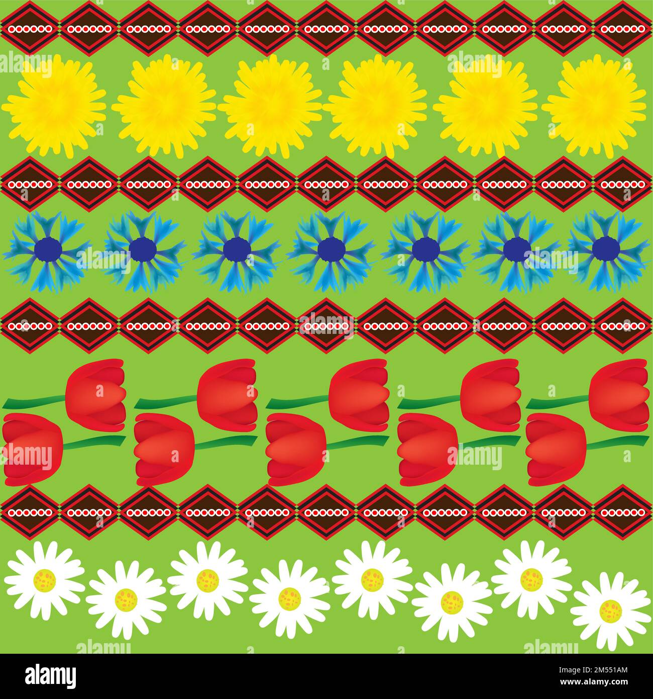 Dandelion cornflower and tulip seamless ethnic abstract pattern; vector Stock Vector