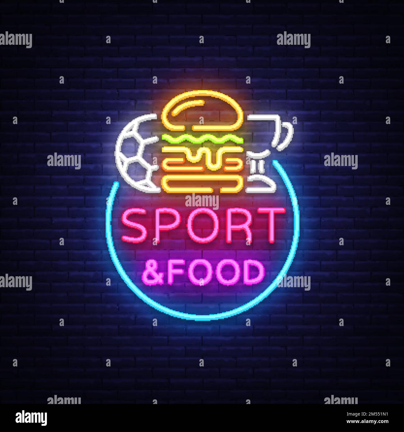 Sport Food Neon Sign Vector. Sports food logo in neon style, light