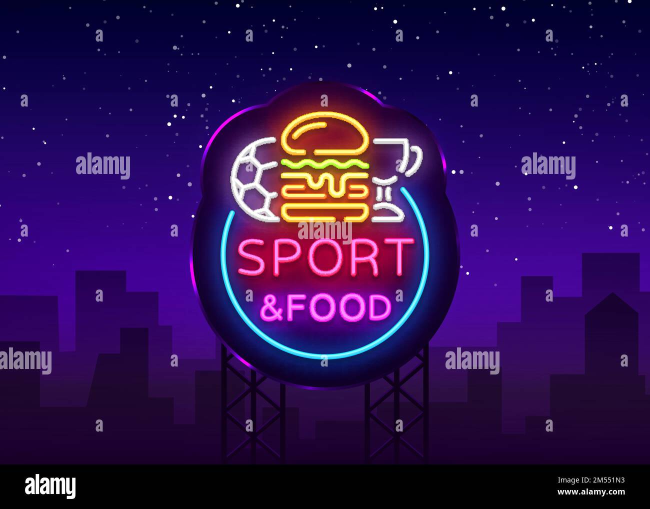 Sport Food Neon Sign Vector. Sports food logo in neon style, light