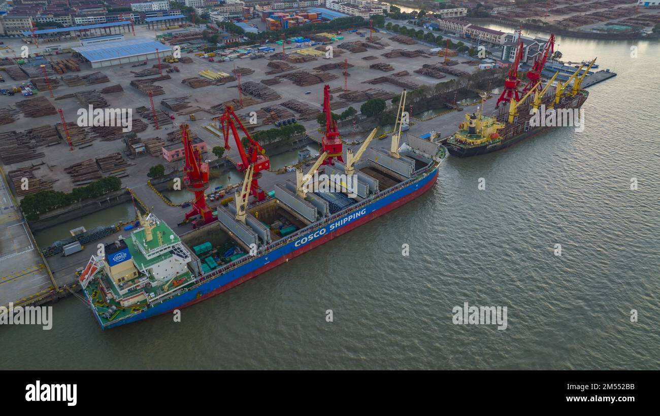 Aerial photo shows the busy scene at the wharf of Zhangjiagang Port in Zhangjiagang City, east