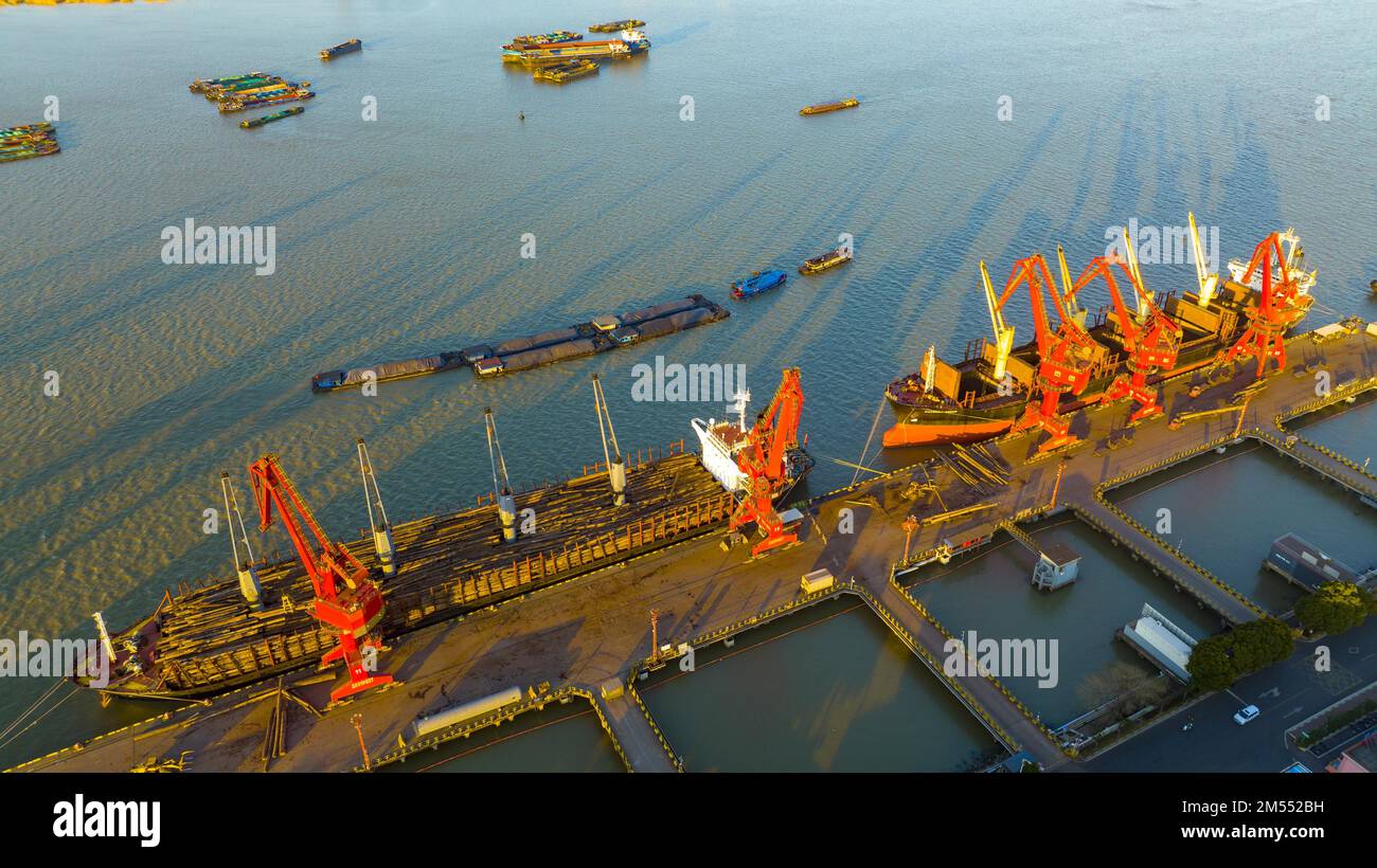 Aerial photo shows the busy scene at the wharf of Zhangjiagang Port in Zhangjiagang City, east