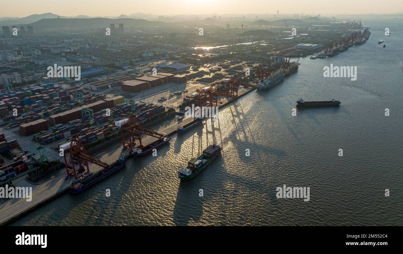 Aerial photo shows the busy scene at the wharf of Zhangjiagang Port in Zhangjiagang City, east