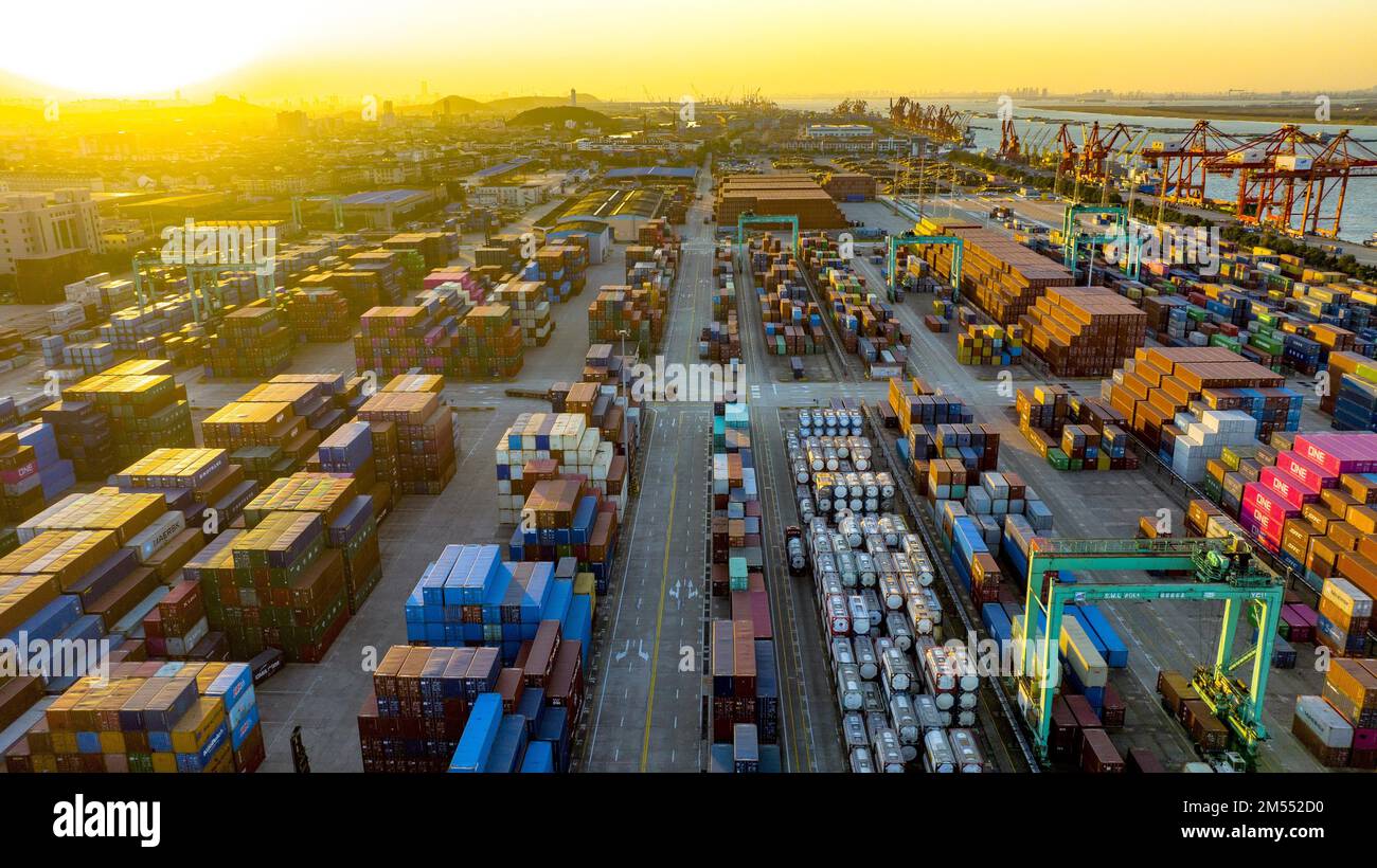 Aerial photo shows the busy scene at the wharf of Zhangjiagang Port in Zhangjiagang City, east