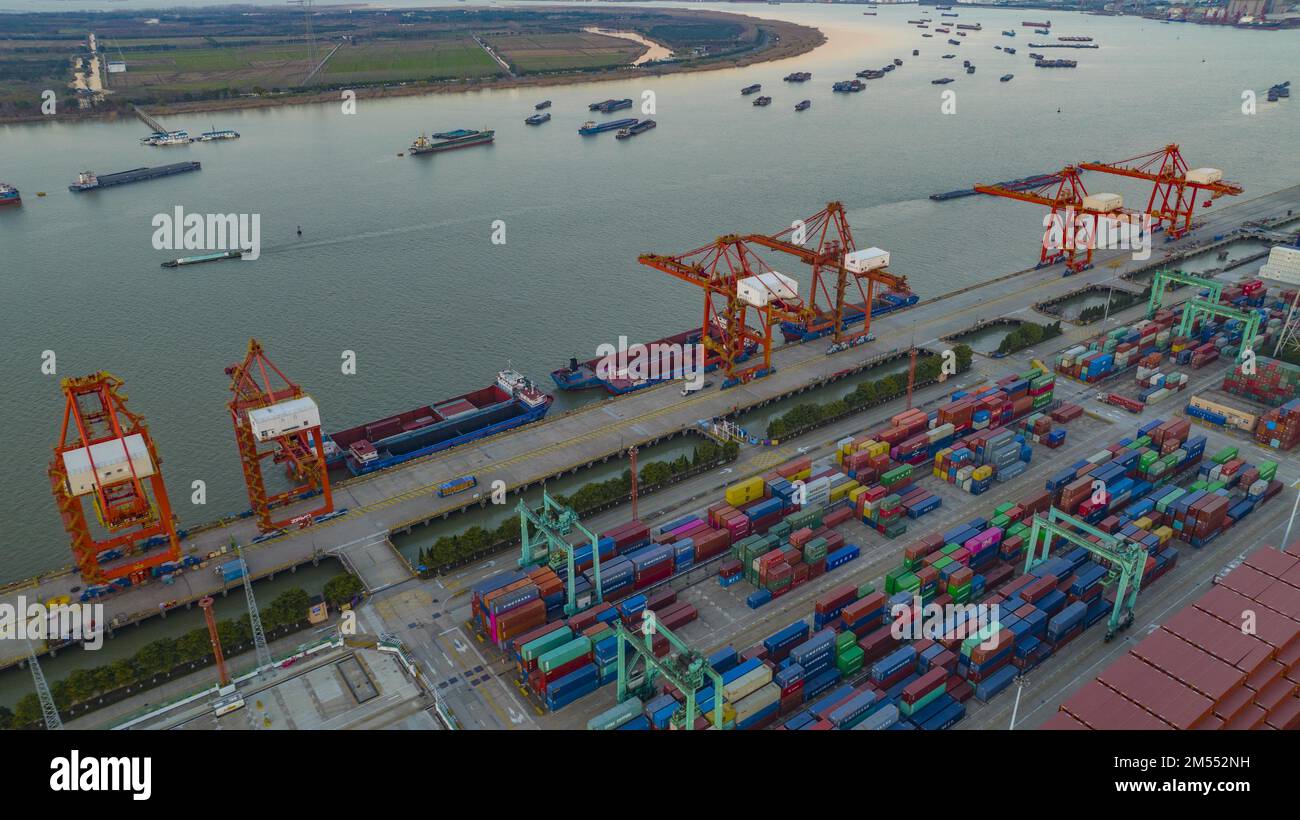 Aerial photo shows the busy scene at the wharf of Zhangjiagang Port in Zhangjiagang City, east