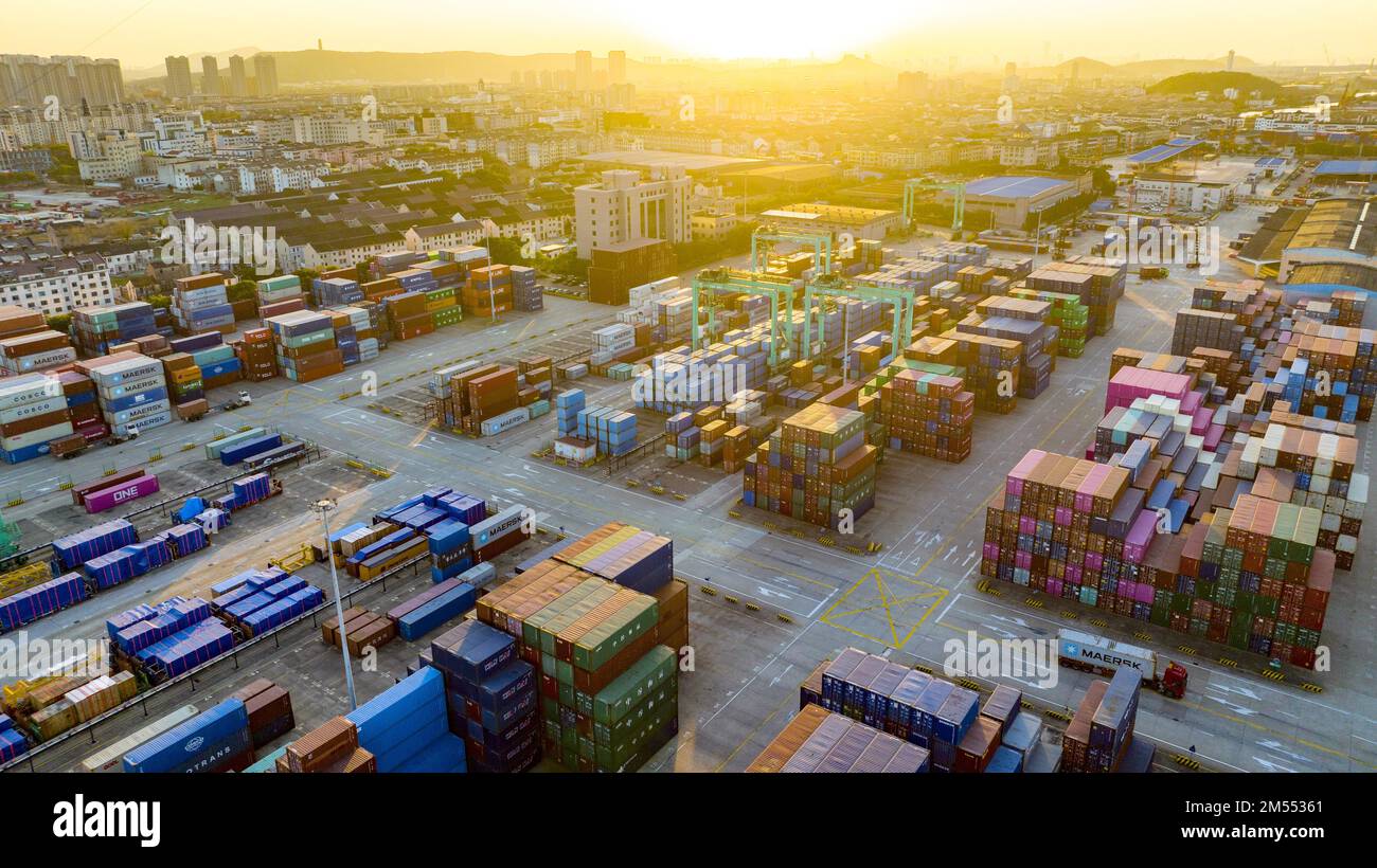 Aerial photo shows the busy scene at the wharf of Zhangjiagang Port in Zhangjiagang City, east