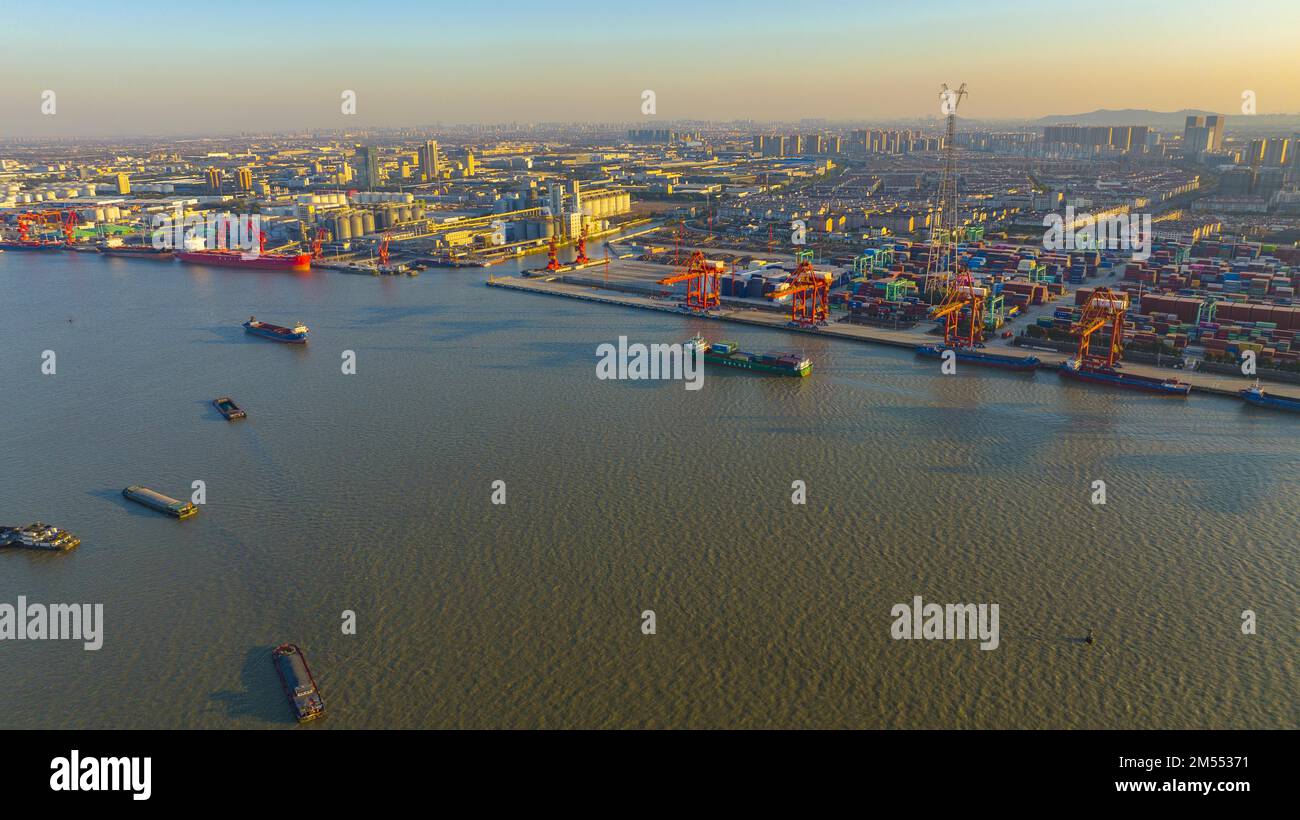 Aerial photo shows the busy scene at the wharf of Zhangjiagang Port in Zhangjiagang City, east