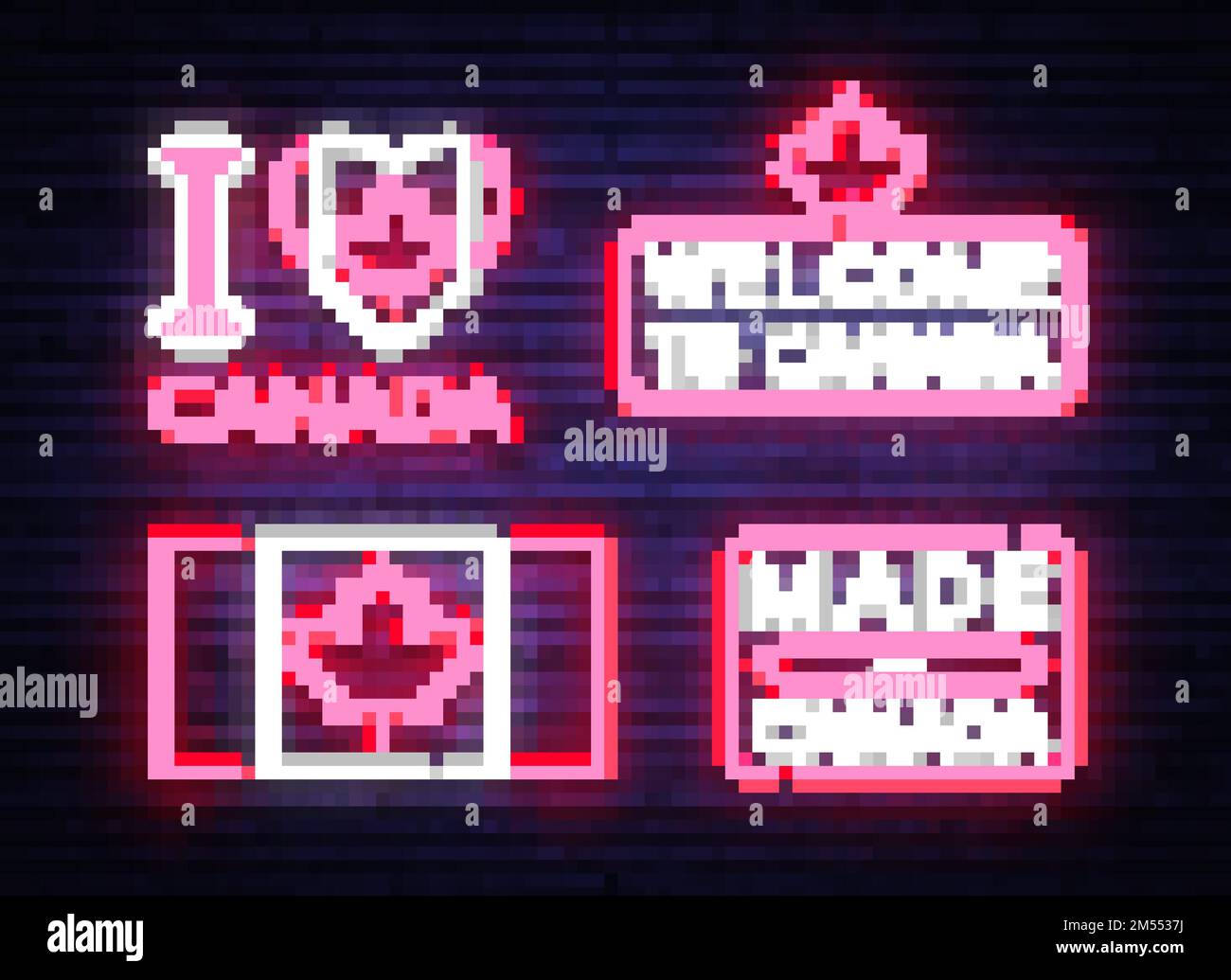 Canada flag badges collection neon vector sign. I love Canada, Made in Canada symbol banner