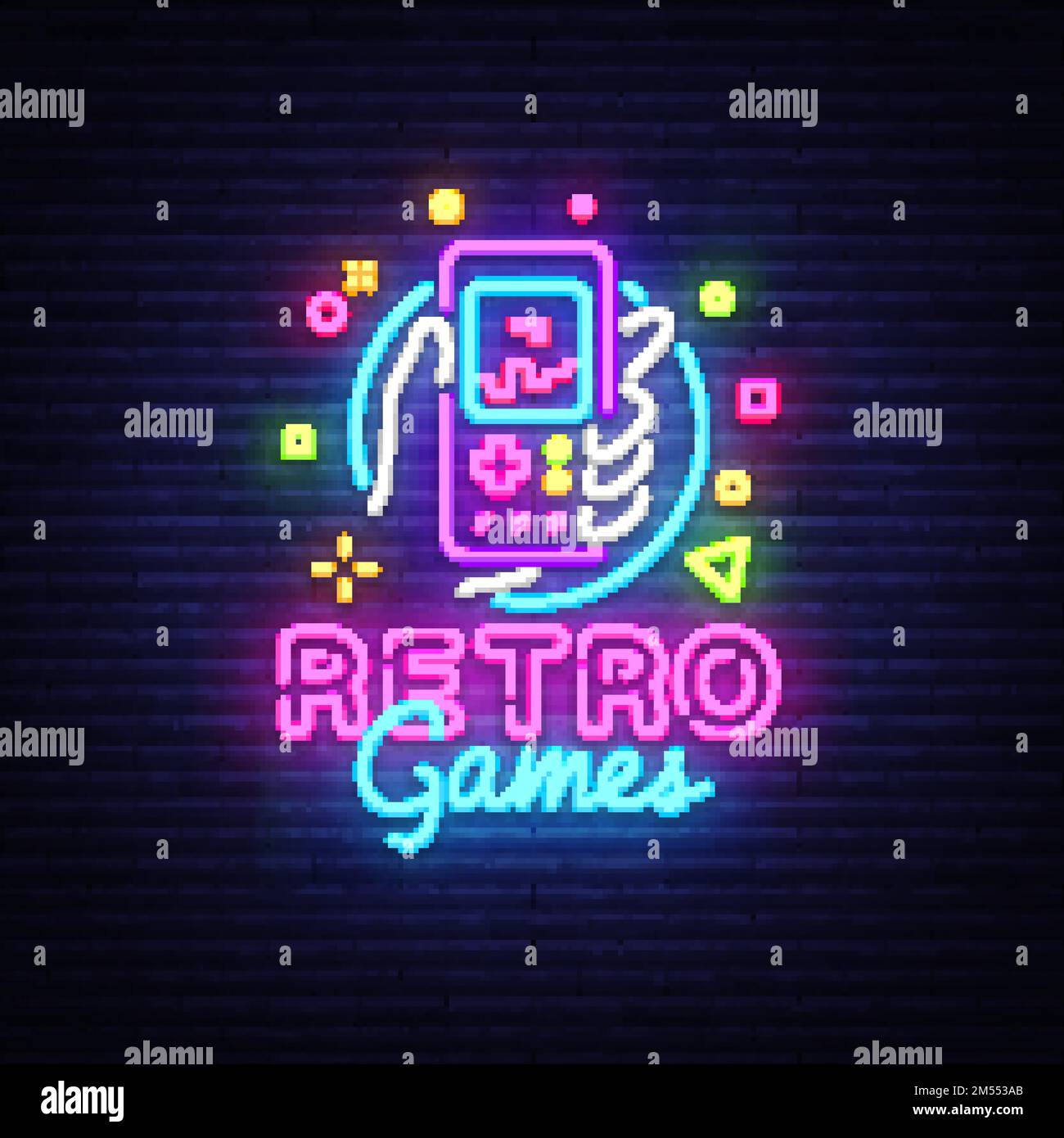 Retro Games Vector Logo. Retro geek gaming gamepad in hand neon sign, modern trend design, vivid vector illustration, promotional character games, Vin Stock Vector