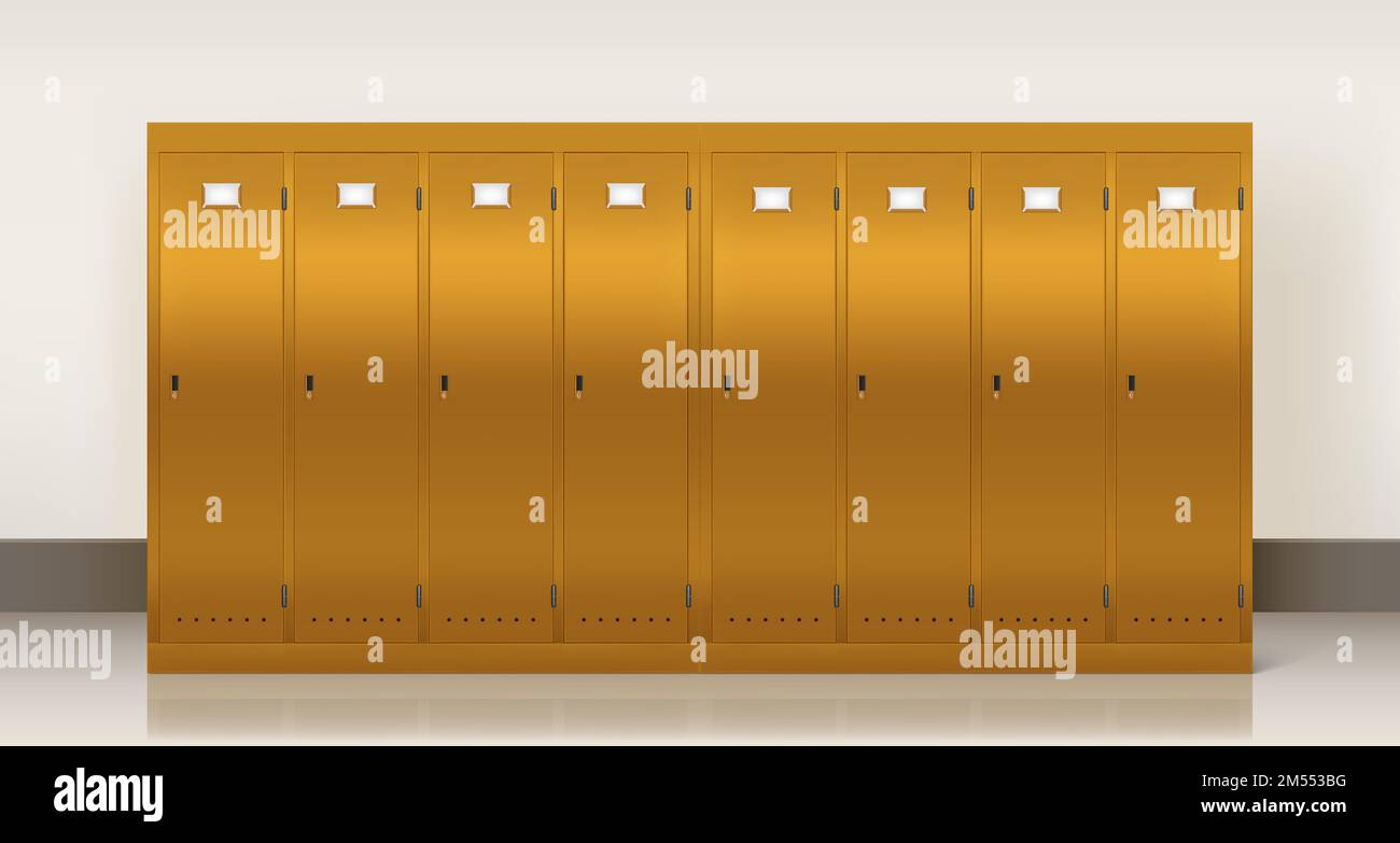 Gold lockers, vector school or gym changing room metal cabinets. Row of realistic 3d yellow storage furniture with keyholes and blank nameplates on closed golden doors in college, university, office Stock Vector