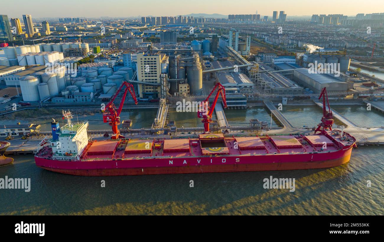 Aerial photo shows the busy scene at the wharf of Zhangjiagang Port in Zhangjiagang City, east
