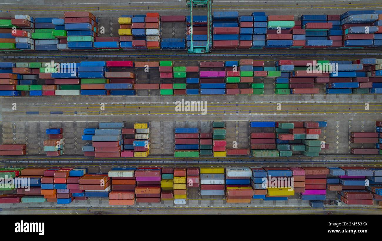 Aerial photo shows the busy scene at the wharf of Zhangjiagang Port in Zhangjiagang City, east
