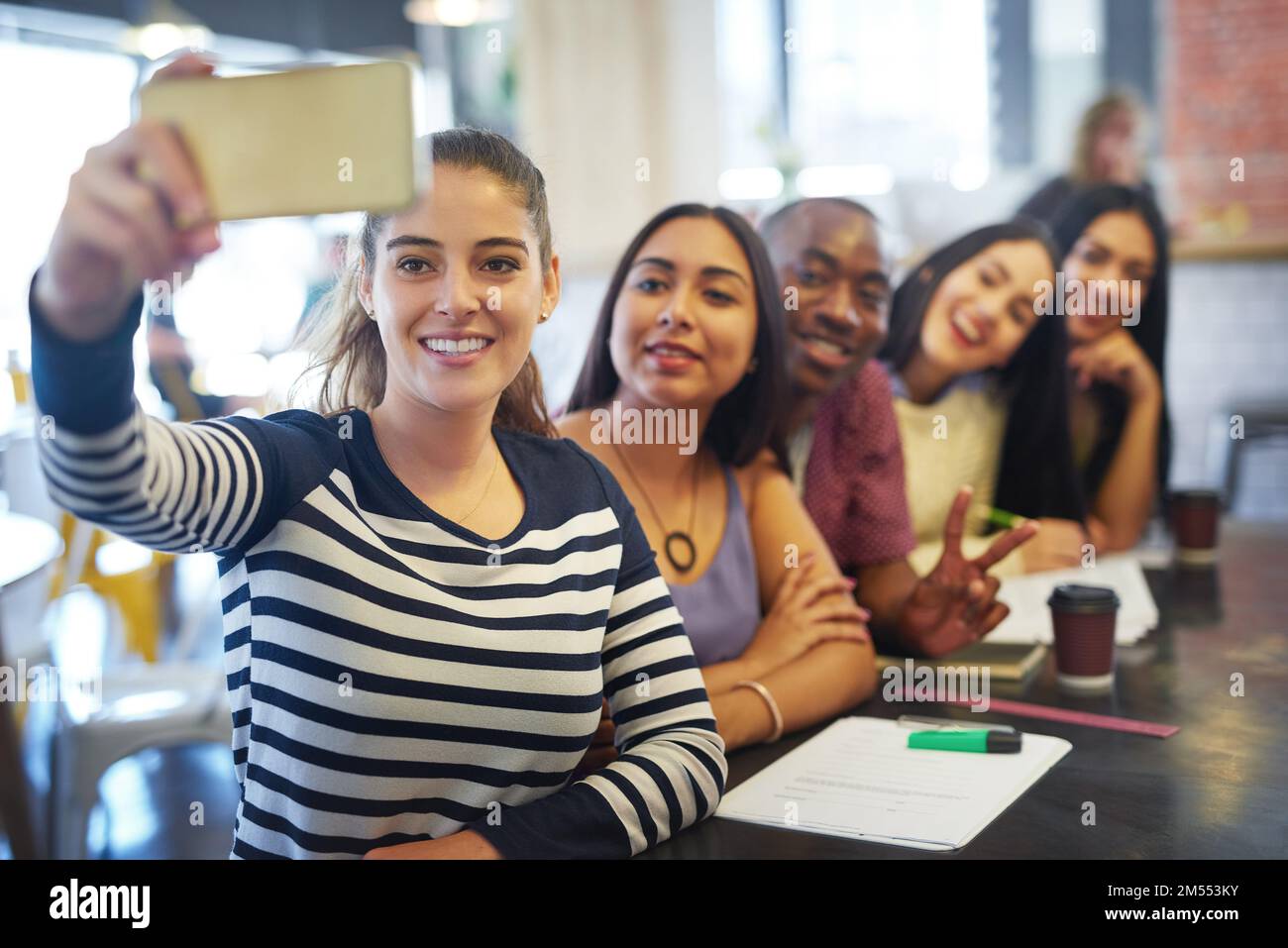 Study breaks are our selfie time. a group of college students posing