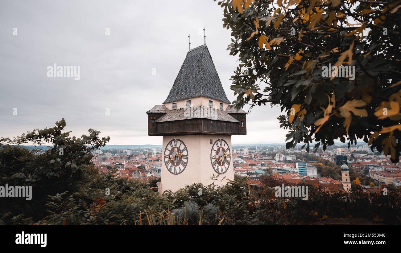 A beautiful view of a Uhrturm in Graz in Austria Stock Photo
