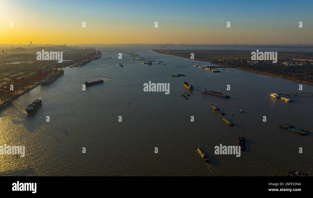 Aerial photo shows the busy scene at the wharf of Zhangjiagang Port in Zhangjiagang City, east