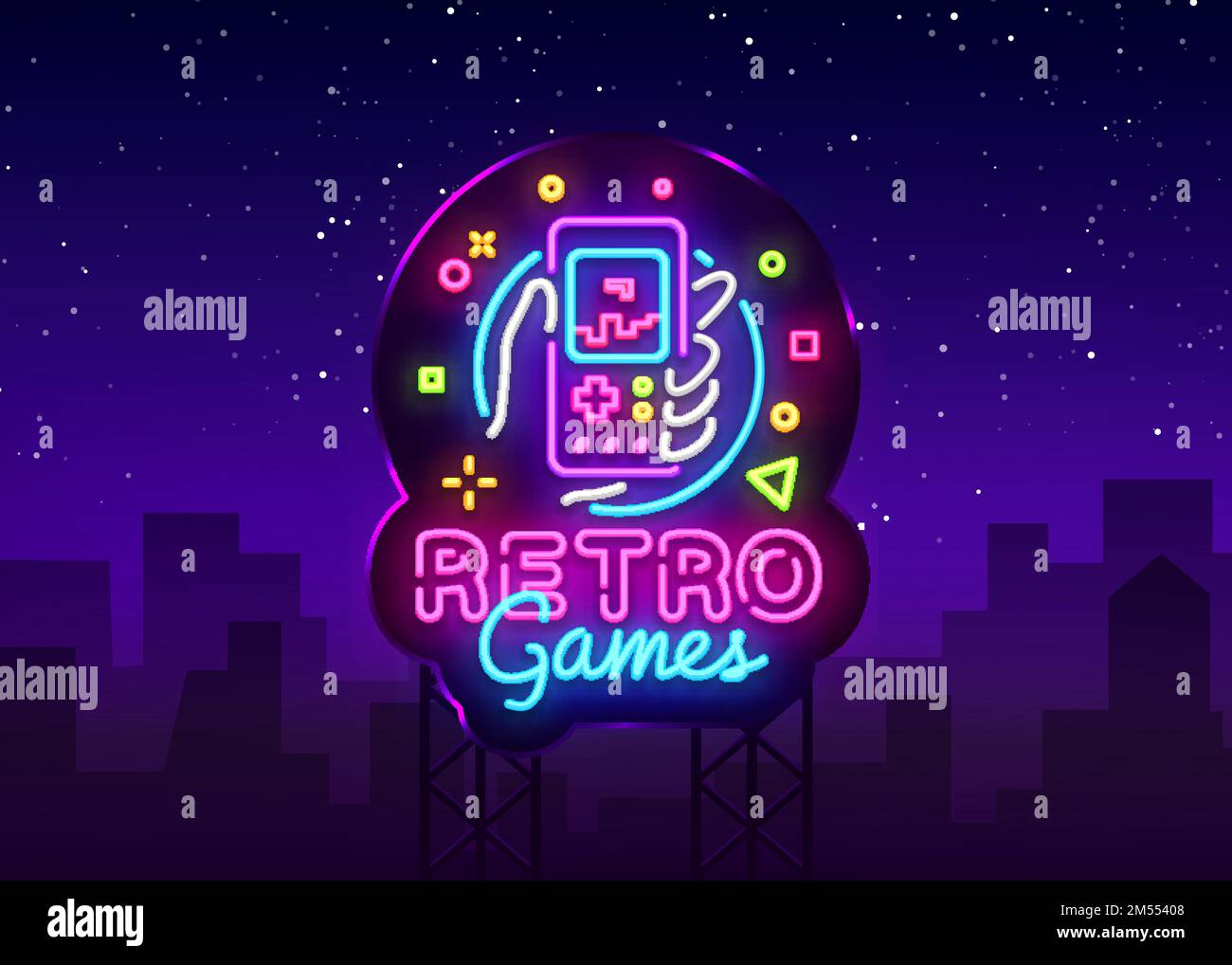 Retro Games Vector Logo. Retro geek gaming gamepad in hand neon sign, modern trend design, vivid vector illustration, promotional character games, Vin Stock Vector