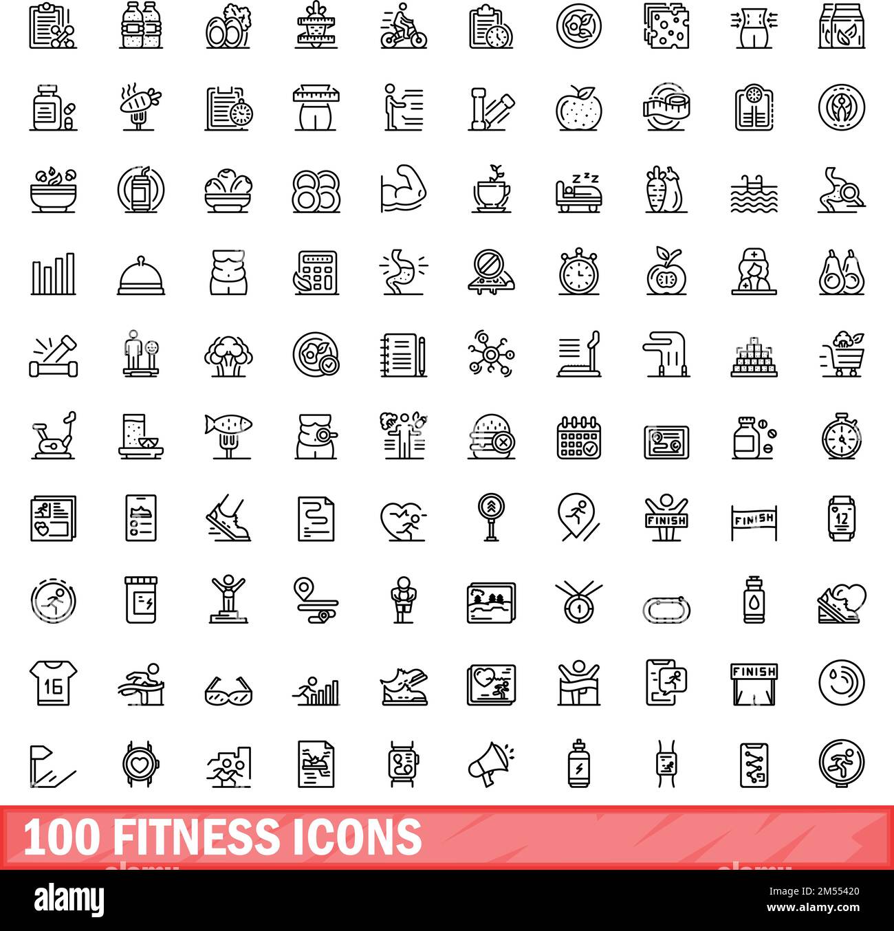 100 fitness icons set. Outline illustration of 100 fitness icons vector ...