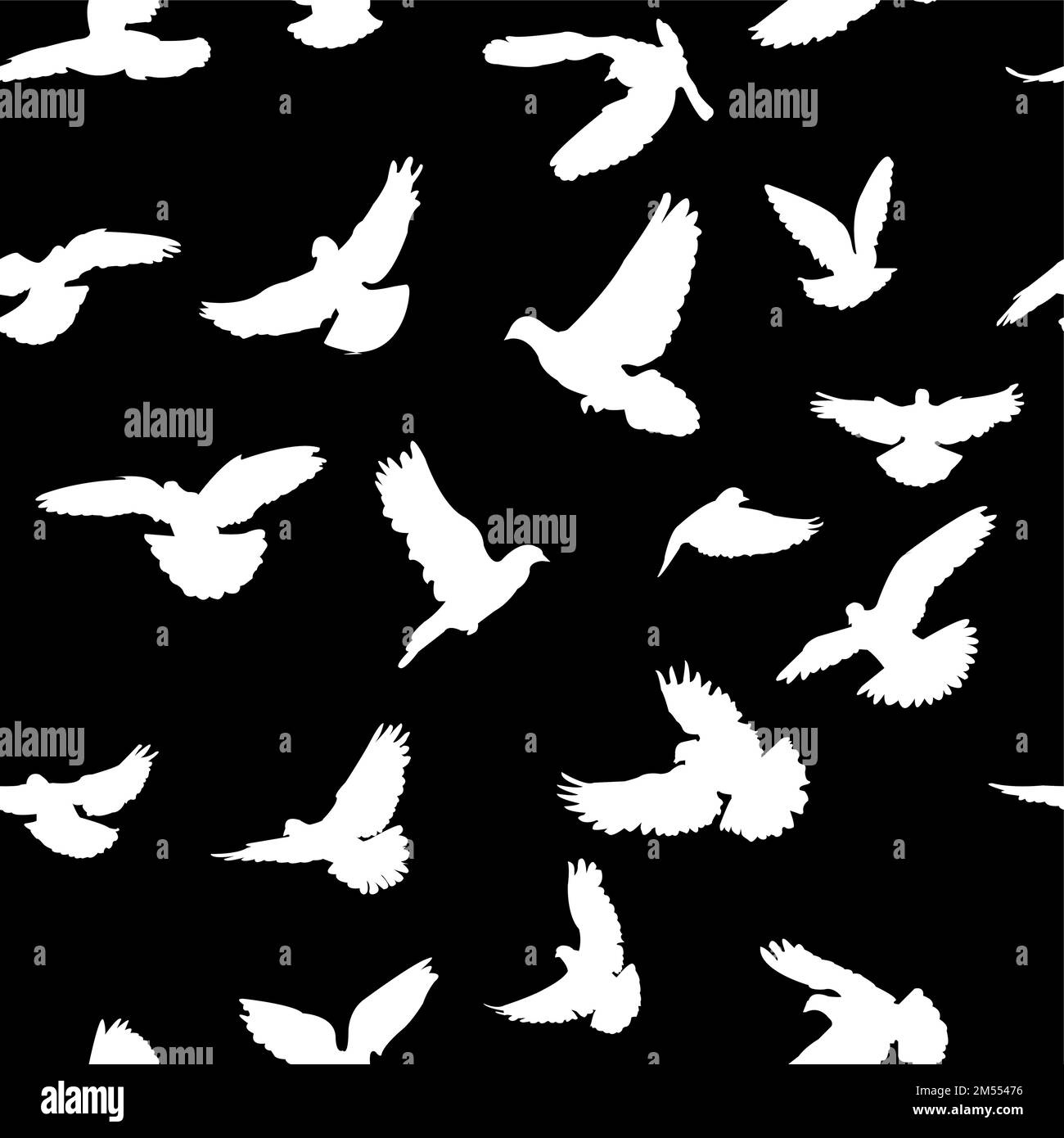 White pigeon silhouettes on black background seamless pattern ...