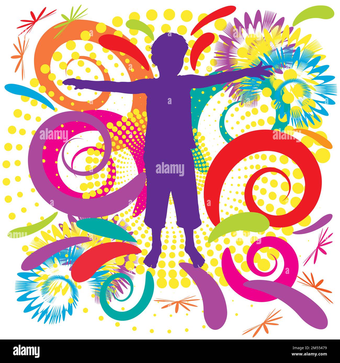 Child silhouette with colorful swirly background; purple silhouette with swirl effect in the back Stock Vector