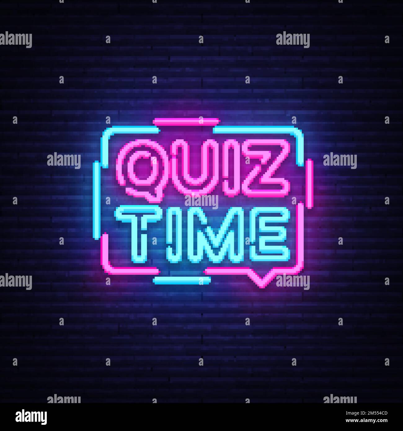 Quiz Time announcement poster neon signboard vector. Pub Quiz vintage styled neon glowing letters shining, Light Banner, Questions team game.Vector il Stock Vector