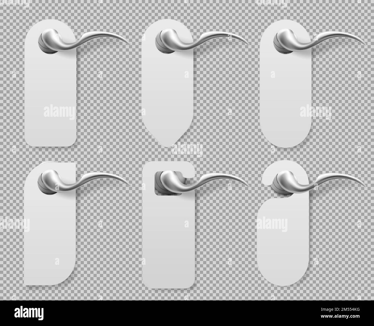 Door hangers on metal handles mockup set. Blank paper or plastic empty labels of various shapes for hotel doorknob room, dont disturb signs, messages on entrance knobs, Realistic 3d vector mock up Stock Vector
