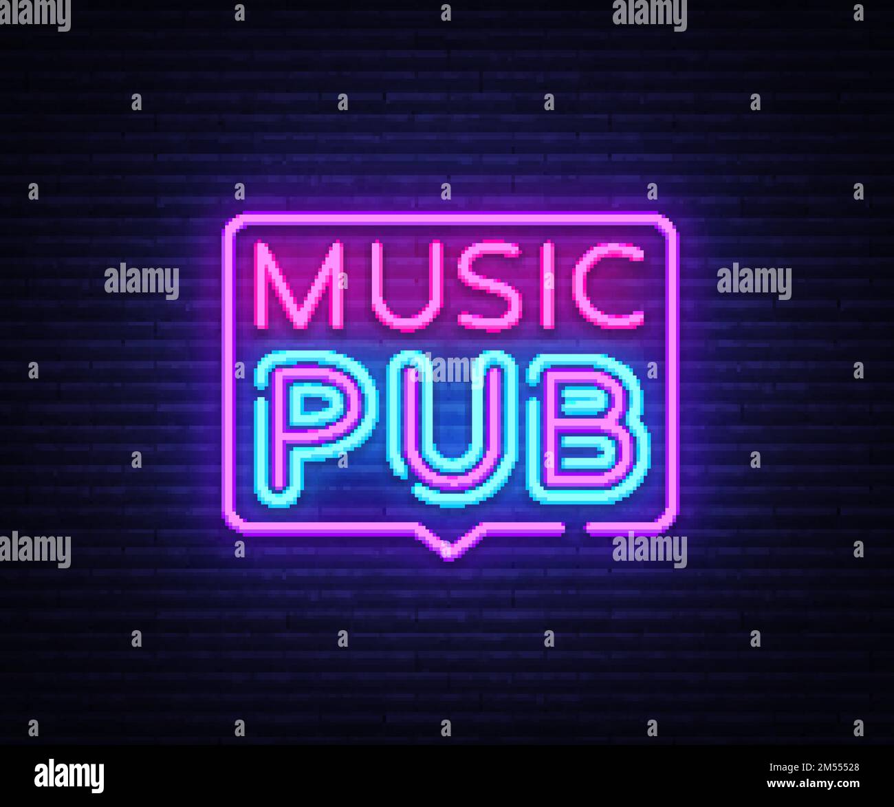 Music Pub neon sign vector. Live Music design template neon sign, light banner, neon signboard