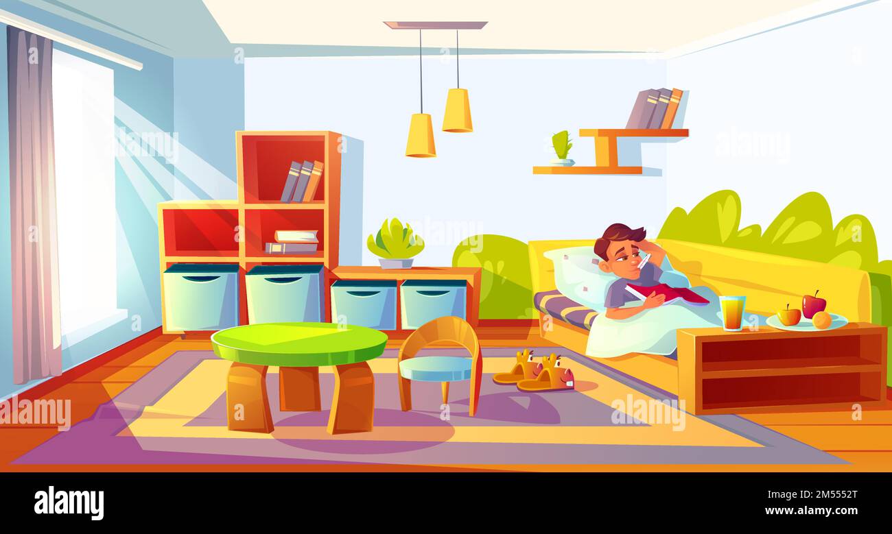 Sick child with fever in bed with thermometer in mouth. Diseased boy feel so bad got influenza relaxing in bedroom with book in hands and intact meal. Cold symptom, illness cartoon vector illustration Stock Vector