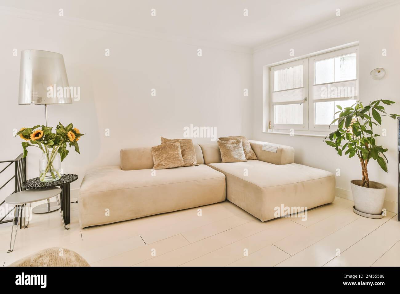 a living room with two couches and flowers in vases on the coffee table ...