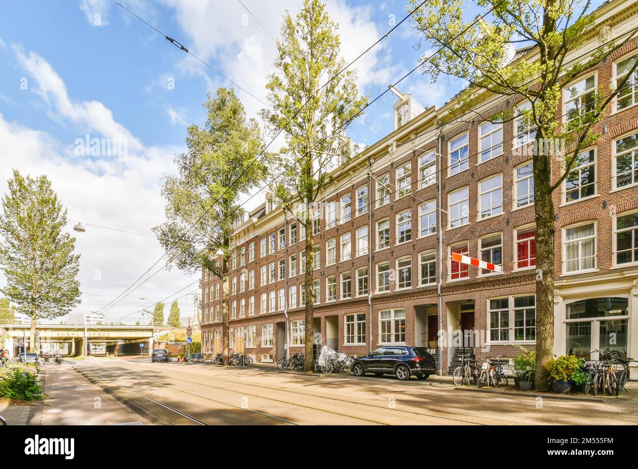 a street in the city with cars parked on both sides and trees lining ...