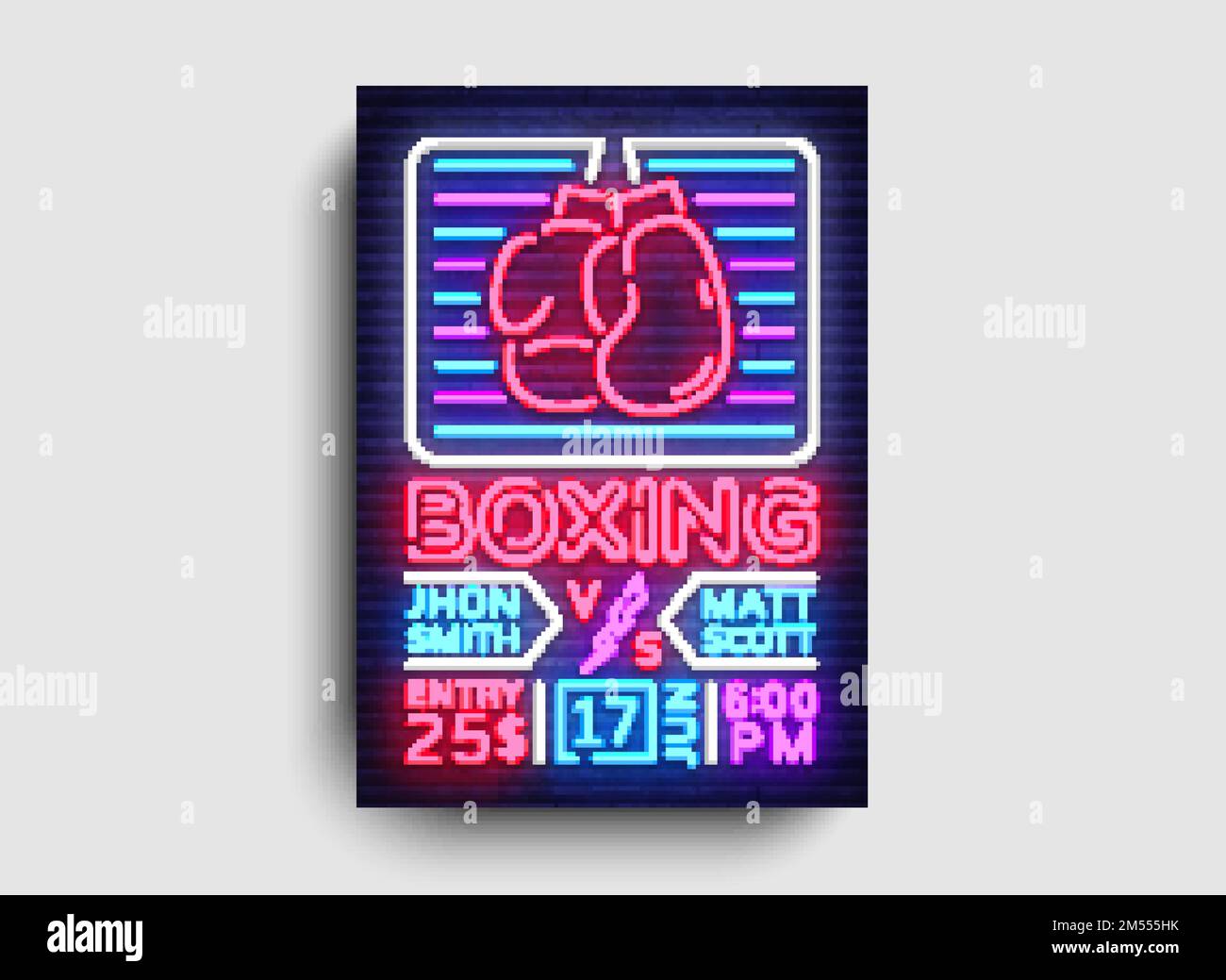 Boxing poster neon vector. Boxing night design template, bright neon