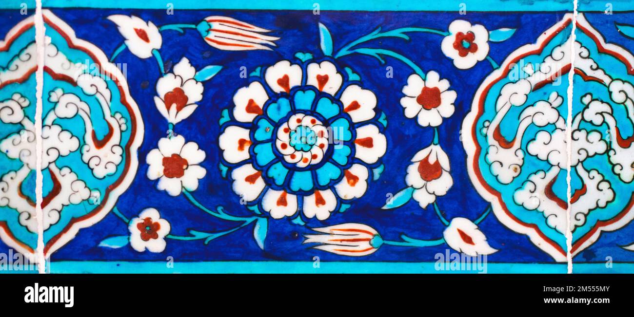 Handmade Turkish blue tiles with floral patterns. Stock Photo