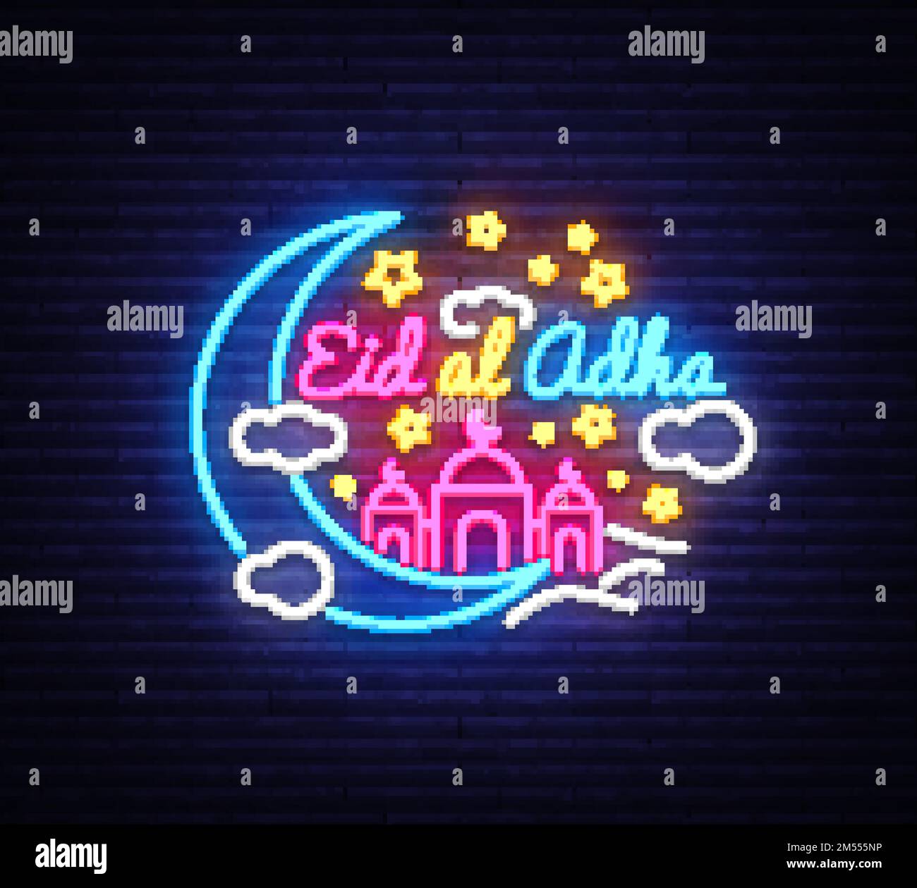 Eid-Al-Adha festive card design template in modern trend style. Neon