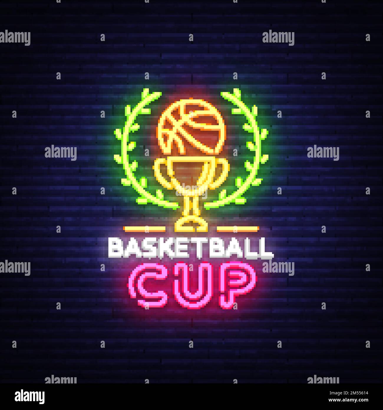 Basketball Tourament Night Neon Logo Vector. Basketball Cup neon sign