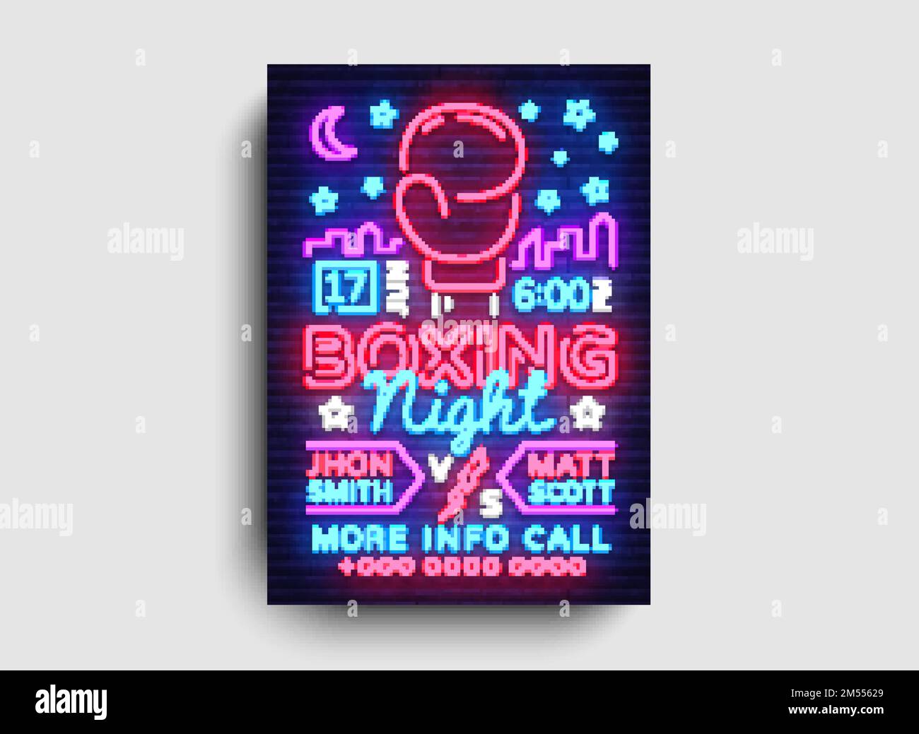 Boxing poster neon vector. Boxing night design template, bright neon