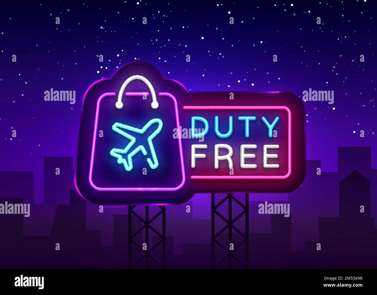 Duty Free neon sign vector. Duty Free design template neon sign, light banner, neon signboard, nightly bright advertising, light inscription. Vector i Stock Vector