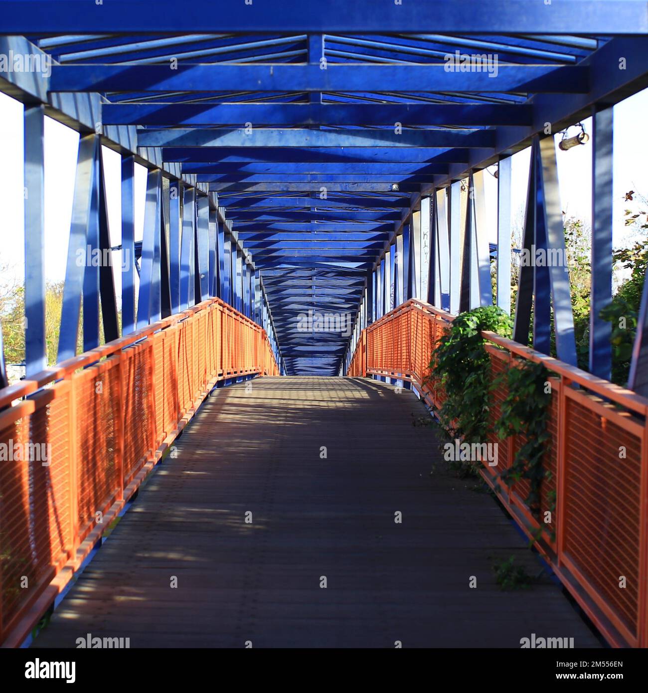 Central perspective view of pedestrian overpass in Magdeburg, Germany. Stock Photo