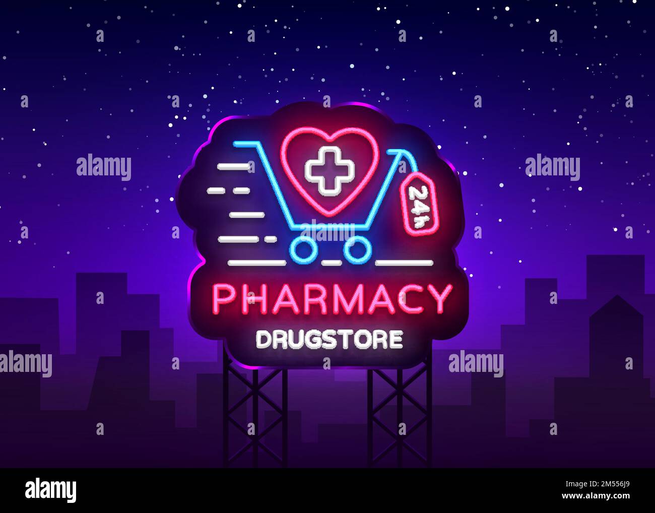 Pharmacy neon signboard vector. Medical neon glowing symbol, Light